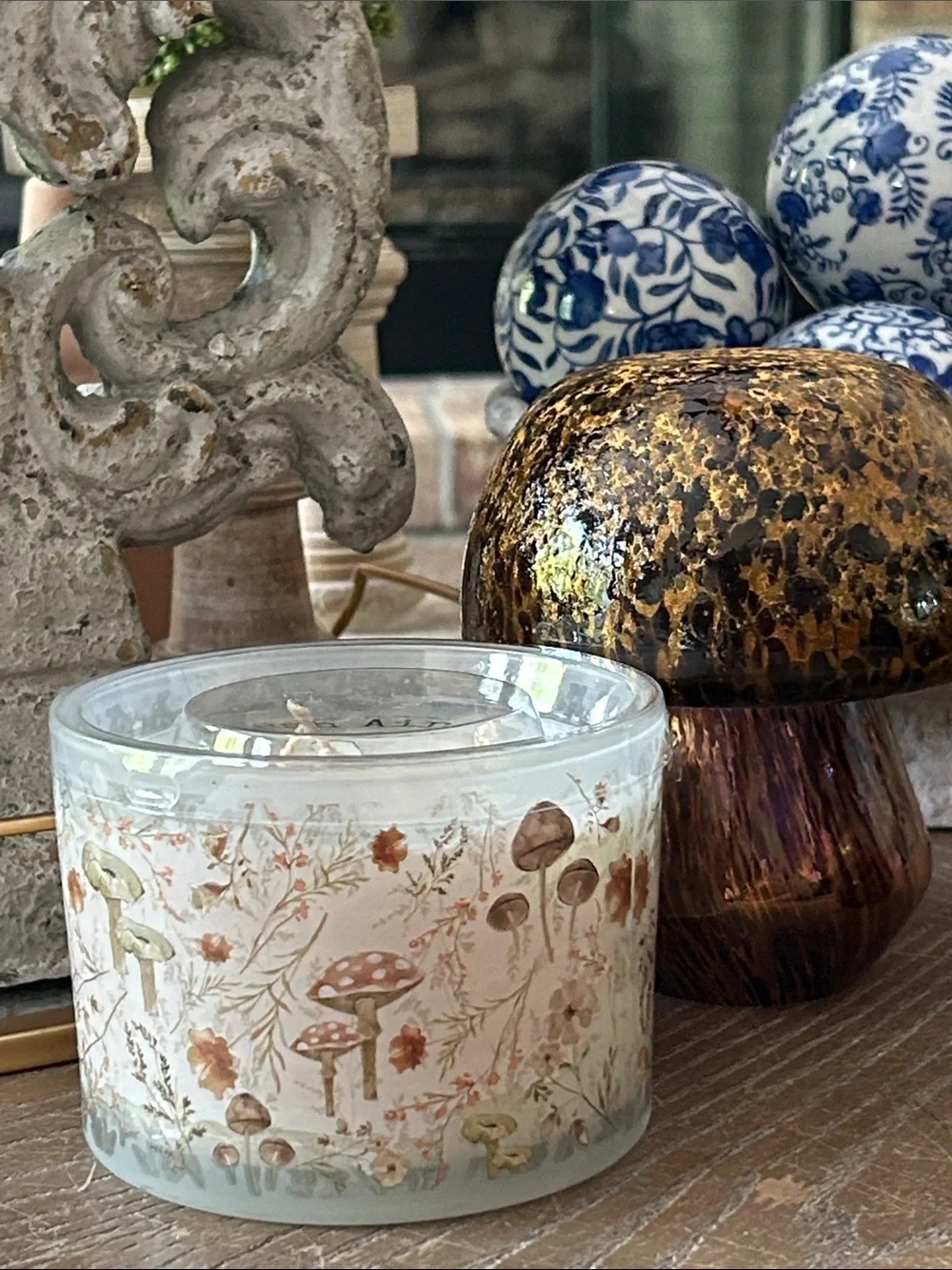 NEW! LARGE 3 Wick Fall Harvest Mushroom Toile Floral Glass Soy Candle